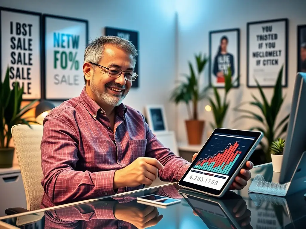 A business owner is smiling confidently while looking at a graph showing significant revenue growth after implementing Smiley Strategy's recommendations.