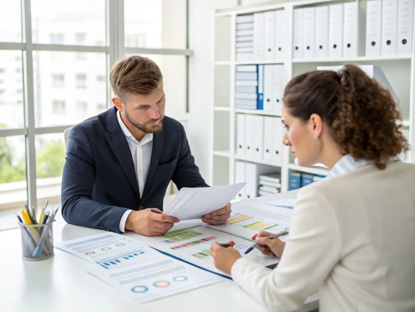 A professional business consultant is reviewing financial documents with a client in a modern office setting, highlighting key areas for improvement and profit optimization.