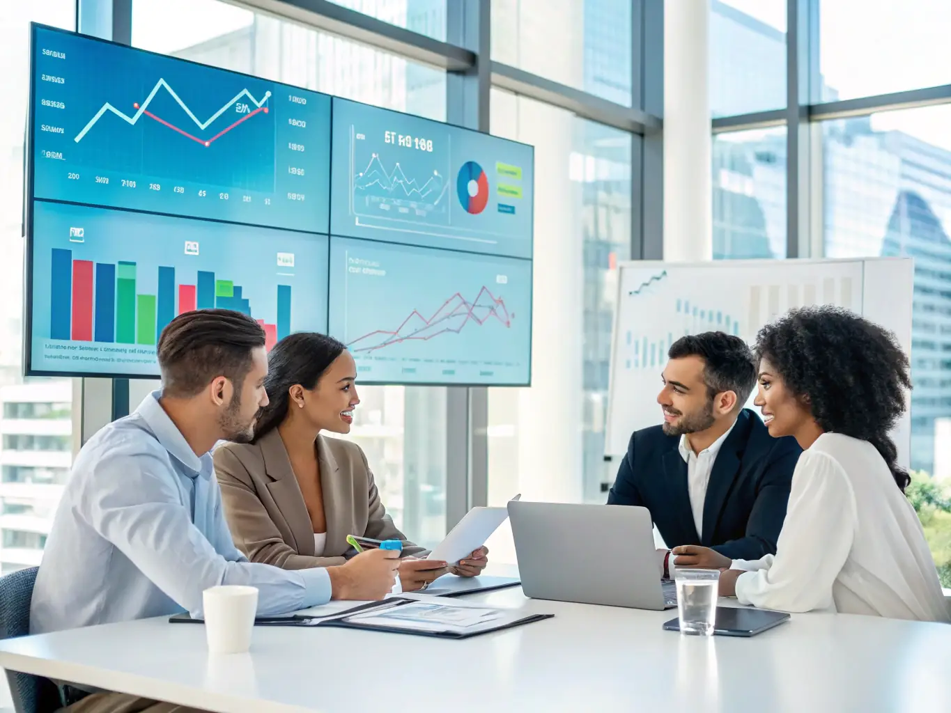 A team of business consultants is brainstorming ideas in a collaborative workspace, focusing on innovative solutions to improve efficiency and profitability for a client.